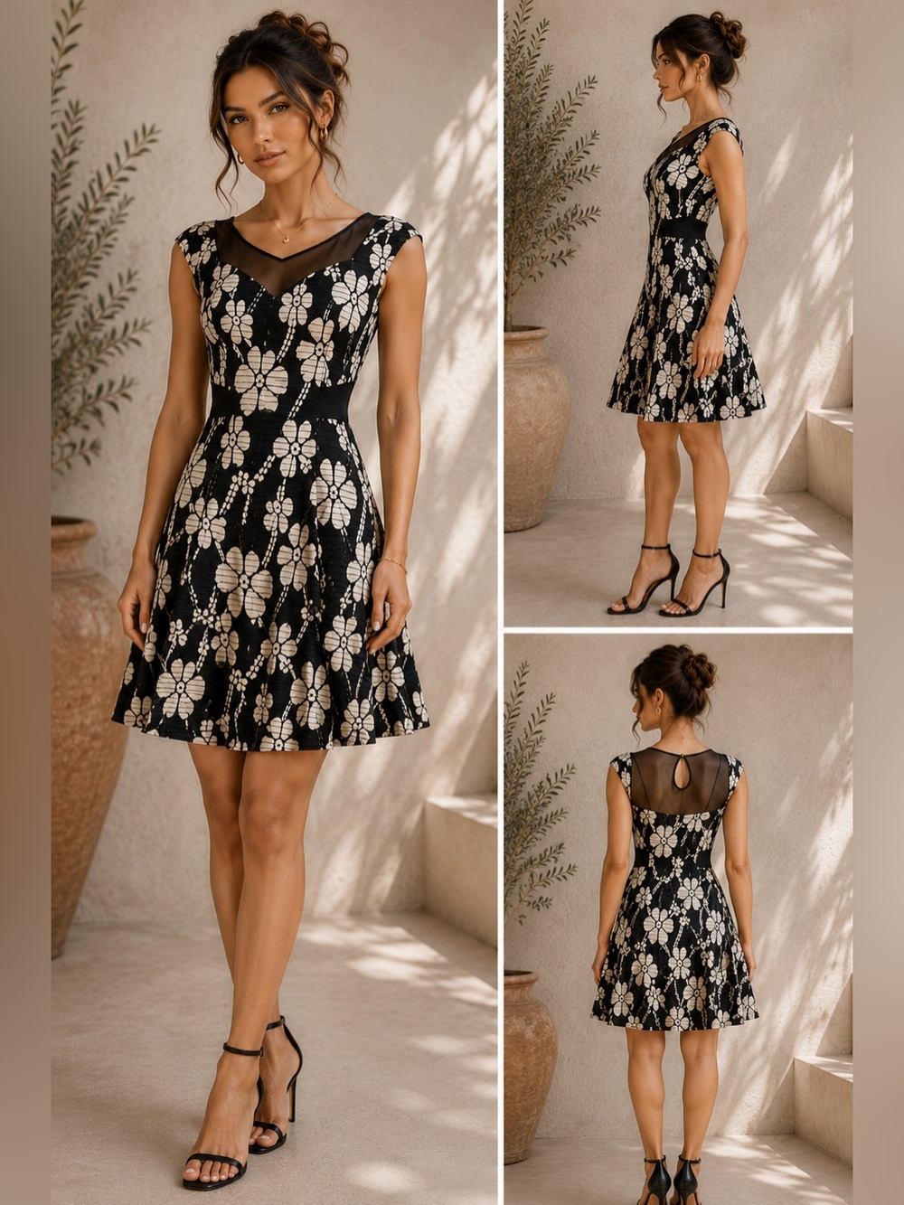 Betsey Johnson Black Floral Plissé Illusion Mesh Keyback A-Line Dress 6
